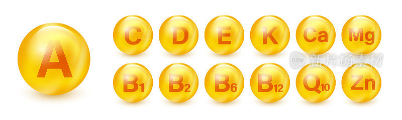 一套多维生素复杂的图标。复合维生素补充剂。维生素A, B组B1, B2, B6, B12, C, D, D3, E, K, Mg, Ca, Omega。必要的维生素复杂。健康的生活理念